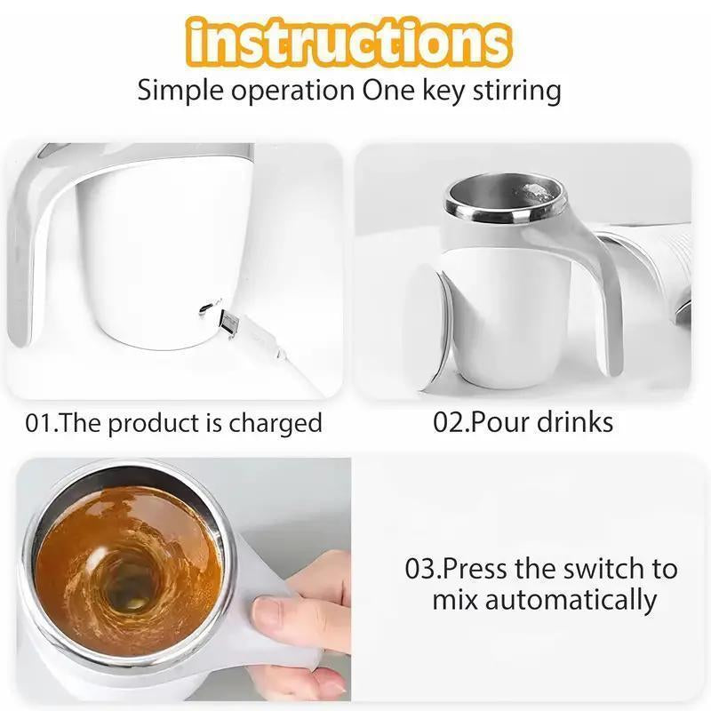 Electric Coffee Mug 380ml with Lazy Rotating Magnet Design, Stainless Steel Automatic Stirring, Reusable Travel Mug in White