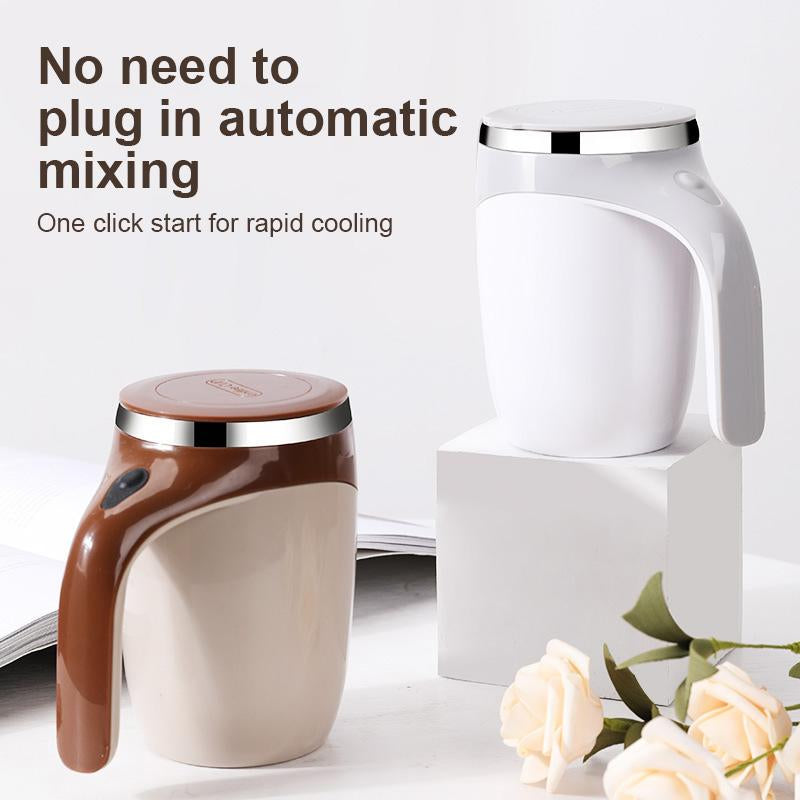 Electric Coffee Mug 380ml with Lazy Rotating Magnet Design, Stainless Steel Automatic Stirring, Reusable Travel Mug in White
