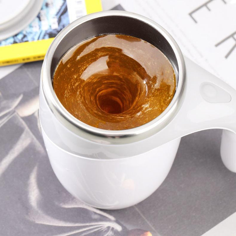 Electric Coffee Mug 380ml with Lazy Rotating Magnet Design, Stainless Steel Automatic Stirring, Reusable Travel Mug in White