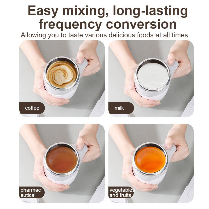 Electric Coffee Mug 380ml with Lazy Rotating Magnet Design, Stainless Steel Automatic Stirring, Reusable Travel Mug in White