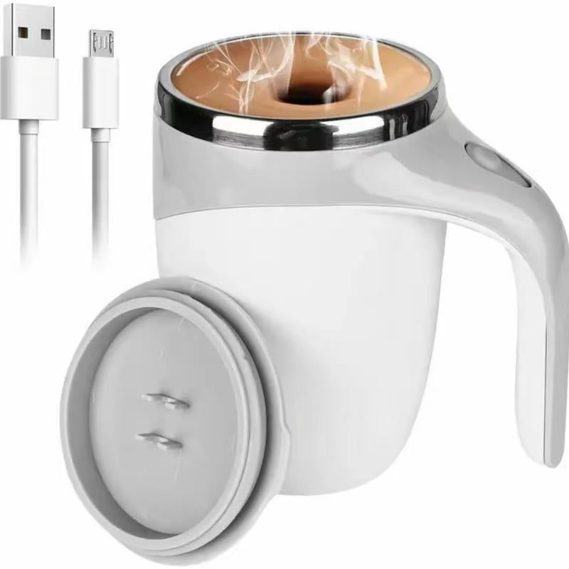 Electric Coffee Mug 380ml with Lazy Rotating Magnet Design, Stainless Steel Automatic Stirring, Reusable Travel Mug in White