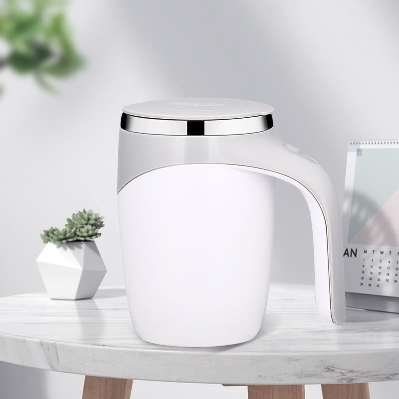 Electric Coffee Mug 380ml with Lazy Rotating Magnet Design, Stainless Steel Automatic Stirring, Reusable Travel Mug in White